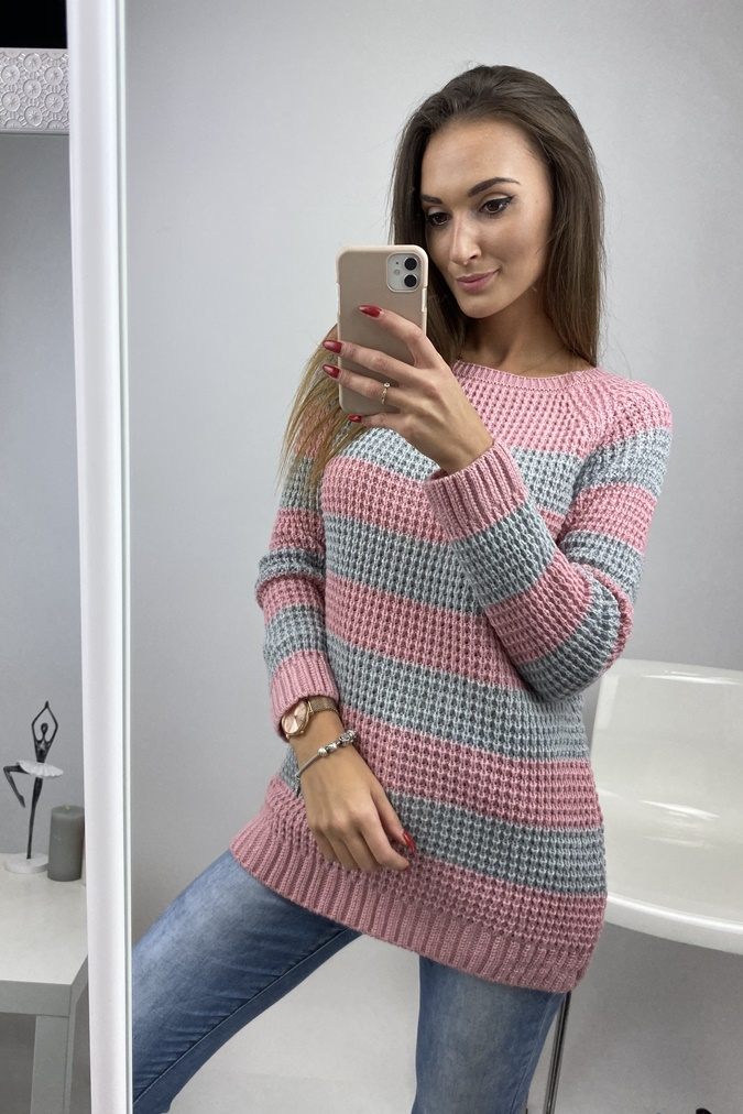 Dámsky sveter s pruhmi púdrovo-ružový
