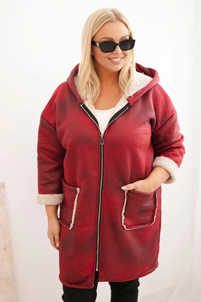 Dámska bunda Plus Size s kapucňou a vreckami zateplená baránkom bordová