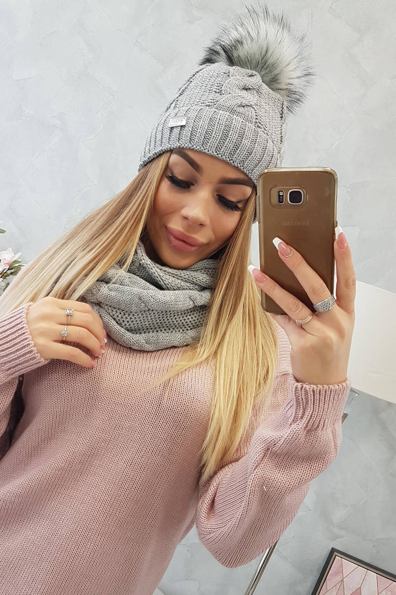 komplet čiapka a šál sivá